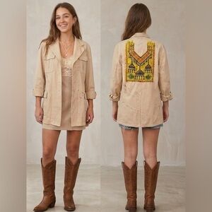 Tricia Fix Sample Utility Jacket Vintage Afghan Beaded Kuchi Panel Khaki Large